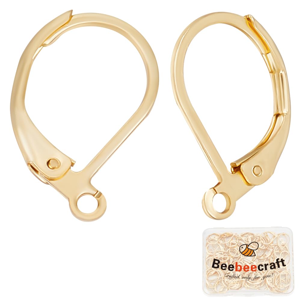 Beebeecraft 1 Box 80Pcs Leverback French Earring Hooks 24K Gold Plated Stainless Steel 15,5x10mm French Ear Wires Lever Back Huggie Hoop with Loop for Earring Findings Jewellery Making