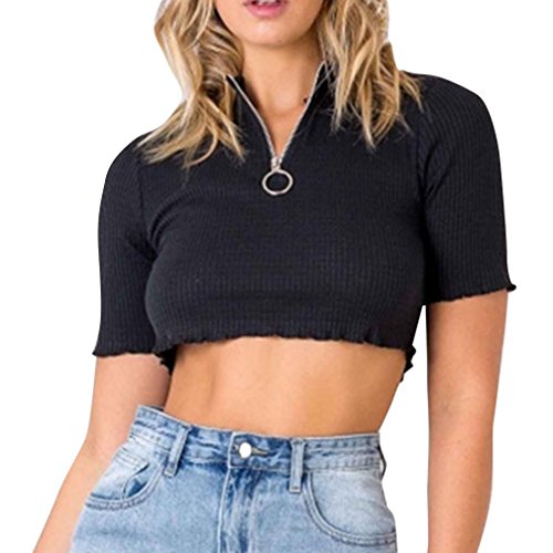Click Here to See More Images AIMTOPPY Women Tight Crop Top Sexy Fashion Half High Collar Solid Color Zipper Blouse (Black, M)