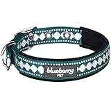 Blueberry Pet 7 Colors Soft & Comfy 3M Reflective Jacquard Padded Dog Collar with Metal Buckle in Teal Blue