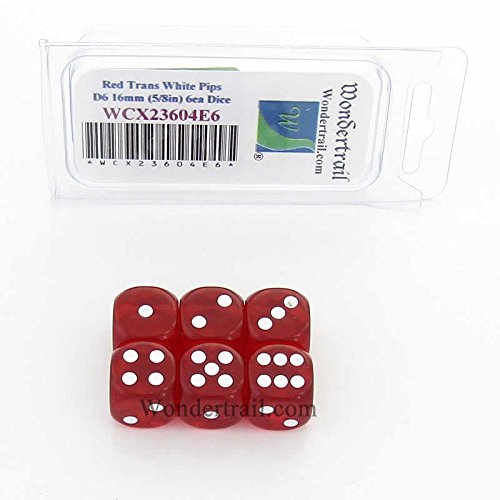 Red Translucent Dice White Pips D6 16mm Pack of 6 Wondertrail WCX23604E6