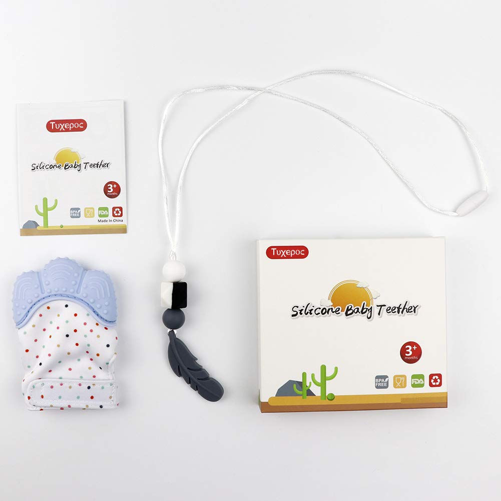 tuxepoc Baby Teething Mittens and Silicone Teething Necklace for mom, Self Soothing Pain Relief Mitt Stimulating,Stylish Chewable Necklace,Silicone Teether Toy,Unisex (Light Blue)