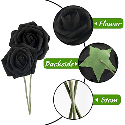 Johouse 30 PCS Artificial Rose Flowers, Black Roses Faux Roses Single Stem Fake Flowers for DIY Wedding Bouquets Halloween Party Favor Home Decor, 3 Size with 2 Leaves