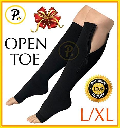 Presadee True Medical Grade 23-33 mmHg Compression Open Toe Zipper Leg Calf Circulation Veins High Quality Premium Socks (L/XL, Black)