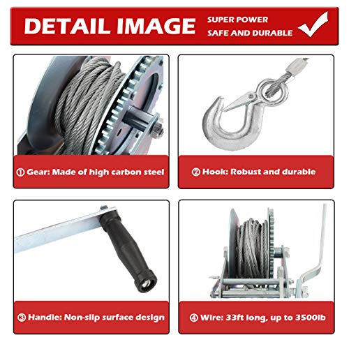 ALAVENTE Hand Winch Crank Cable 3500lbs, Heavy Duty Gear Winch for RV Trailer, Boat or ATV (Steel) - Image 2
