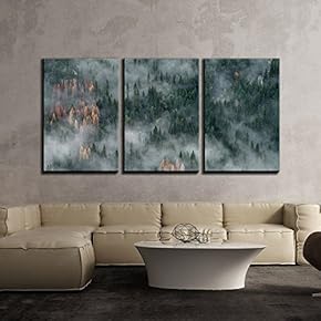 3 Piece Canvas Wall Art - Nature Landscape with Trees in Mist - Modern Home Art Stretched and Framed Ready to Hang - 16"x24"x3 Panels