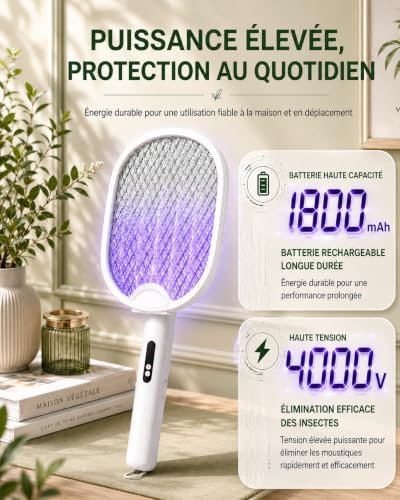 Raquette Electrique Insecte Pliable 4000V Interieur Exterieur Blanc