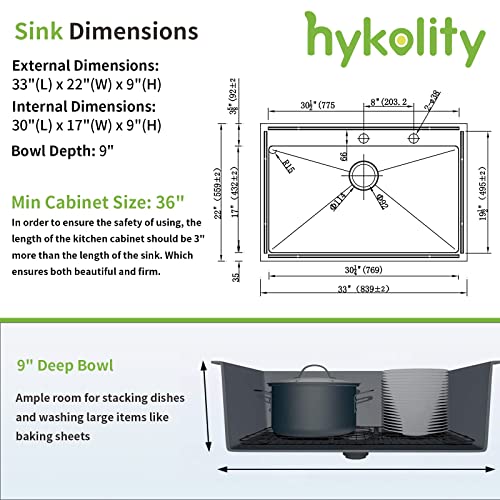 Hykolity 33inch Drop In Kitchen Sink, Single Bowl 2Hole Stainless
