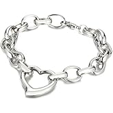 Elefezar Stainless Steel Heart Chunky Chain Bracelet Charm Jewelry for Women Couples Gift