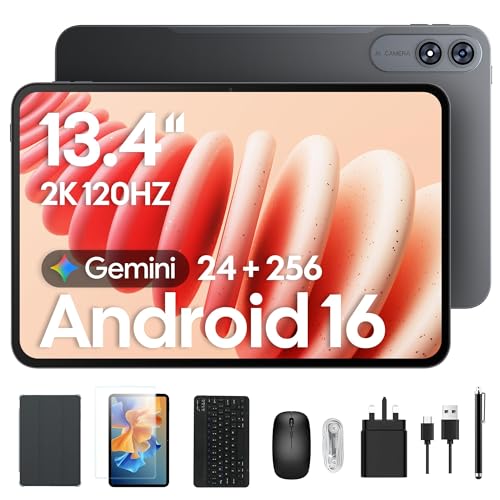 2026 Upgraded 13.4 inch Android 16 Tablet with Keyboard, Large 13 inch Tablet with 2K 120Hz IPS Display, 24GB RAM + 256GB ROM, 2.2Ghz Octa-Core,10000mAh Battery, Tablet with Pen & Mouse