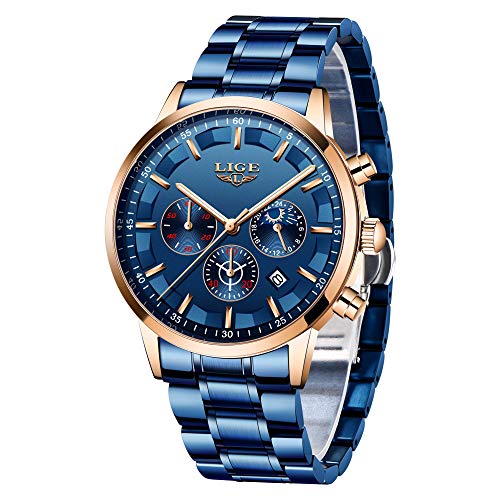LIGE Watches Mens Waterproof Stainless Steel Sport Analogue Quartz Watch Men Business Chronograph Wristwatch (Blue Gold) — image 1