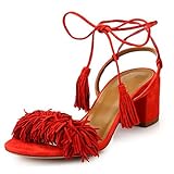 Comfity Women's Lace Up Block Heel Fringed Suede Dress Sandals