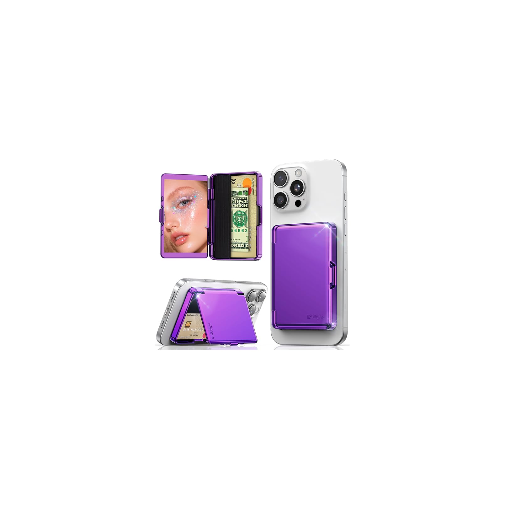 Meifigno Strong Magnetic Phone Wallet with Mirror & Kickstand, Magnetic Phone Card Holder (3-4 Cards & Cash) Compatible with iPhone 17/16/15/14/13/12 Series, Metal Plating Glossy, Purple