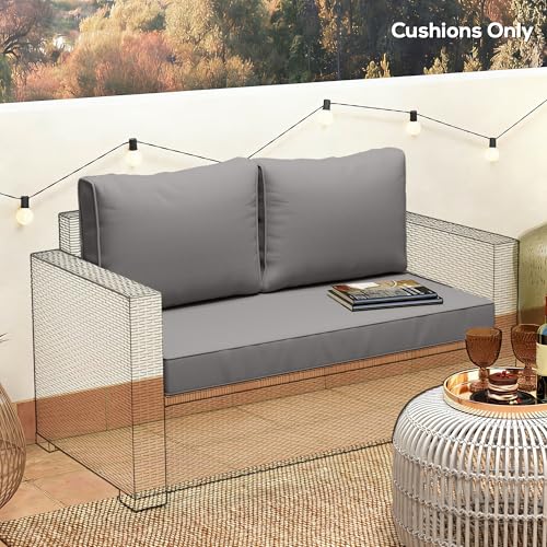 Outsunny 2 Seater Outdoor Seat Cushions with Backrest, Loveseat Double Sofa Outdoor Furniture Cushions, Fade-Resistant Replacement Patio Cushions for Indoor and Outdoor, Light Grey