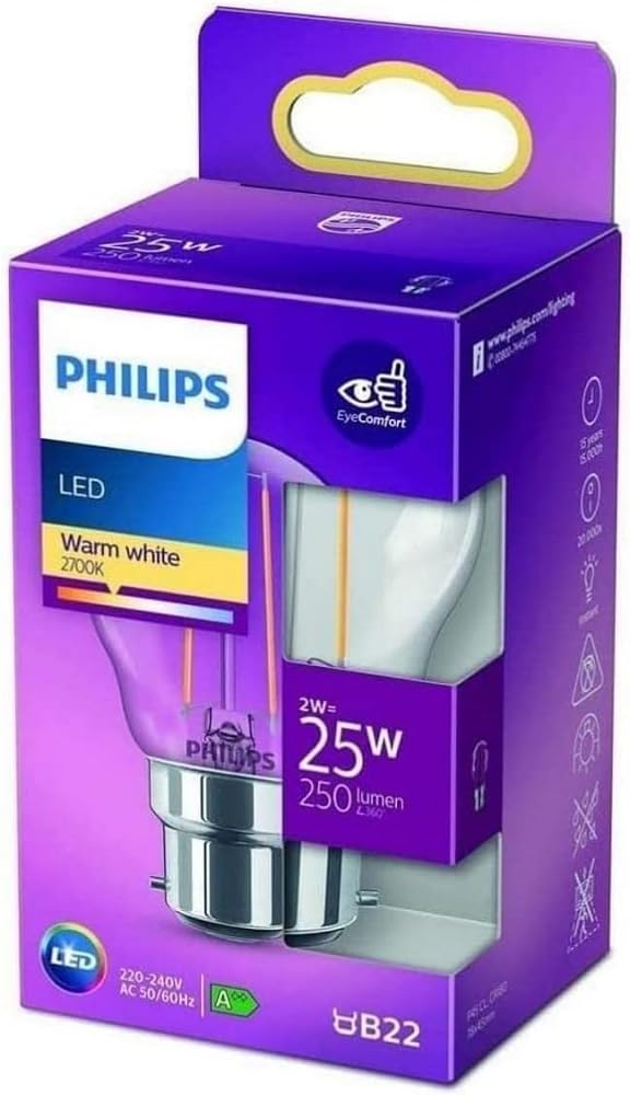 Philips LED Premium Classic P45 Clear Light Bulb [B22 Bayonet Cap] 25W, Warm White 2700K, Non Dimmable
