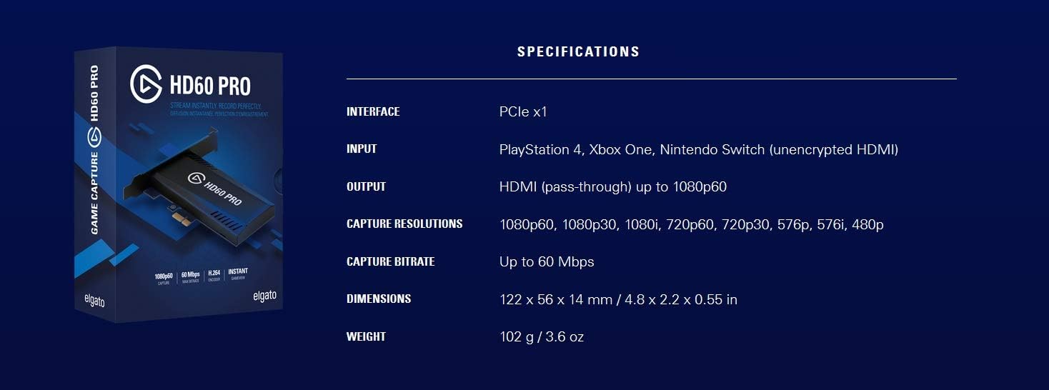 Elgato Game Capture HD60 Pro - Stream and record in 1080p60, superior low latency technology, H.264 hardware encoding, PCIe, black: Computers & Accessories