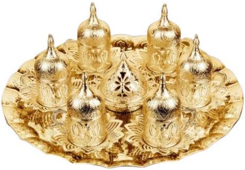Ahsen Round Porcelain Gold Coffee Cup Set 6 Cup + 6 Plates + 1 Tray + 1 Turkish Delight Bowl