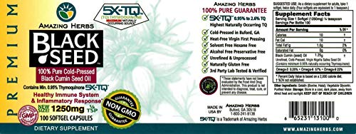 Amazing Herbs Premium Black Seed Oil 1250mg, 100 softgels - Cold-Pressed, Unrefined