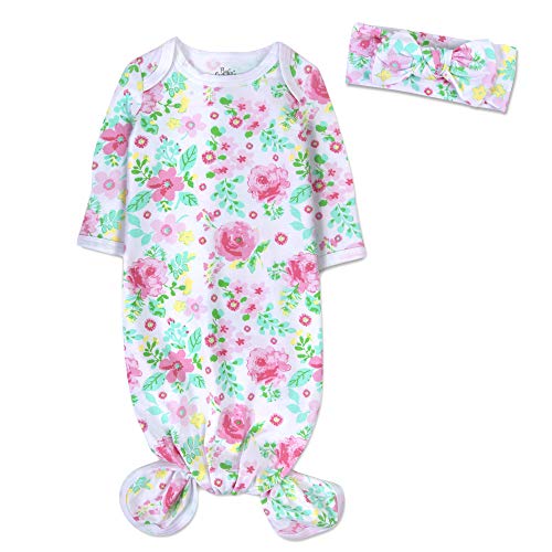 Coming Home Outfit for Baby Girl Newborn - Fall/Winter Knotted Infant Sleeper Gown with Headband (Tropical Flowers)