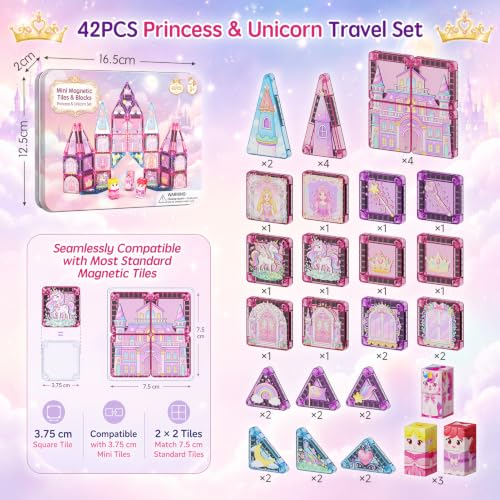 Kit de voyage de blocs magnétiques pour filles : 60 min de jeu tranquille, 42 tuiles magnétiques Licorne & princesses, boîte métallique portable pour la voiture et l'avion, cadeau pour les 3 à 6 ans