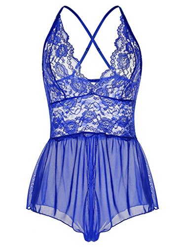 ALLureLove Sexy Lingerie Open Crotch Leotard Teddy Nightwear Lace Miniskirt Babydoll (Blue,XL)