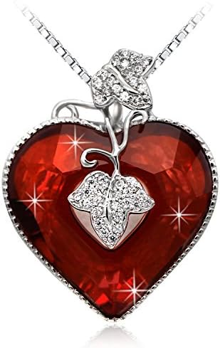 JOLICE Retro Pendant Necklace Swarovski Red Heart Crystal with Leaves s925 Sterling Silver