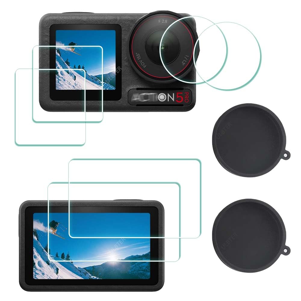 ULBTER Screen Protector for DJI OSMO Action 5 Pro Camera + Lens cap Cover [2+6 Pieces], 0.3mm 9H Hardness Tempered Glass Protector, Anti-Scrach Anti-Bubble