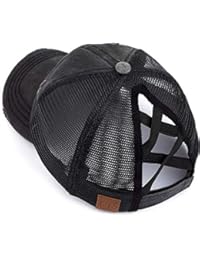 Funky Junque H-216-780-06 Dad Hat Ponytail Messy Bun Trucker Ponycap (Distressed Black w/Criss Cross Back)