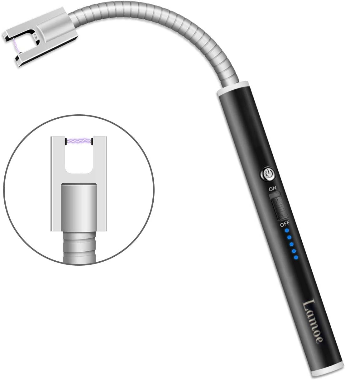 Lamoe Long Candle Lighter, Flameless Electric Arc Lighter with LED Battery Indicator & Safety Switch, 360°Long Flexible Neck USB Rechargeable Quiet Lighter, Wind Proof for Candles, Camping, Fireworks