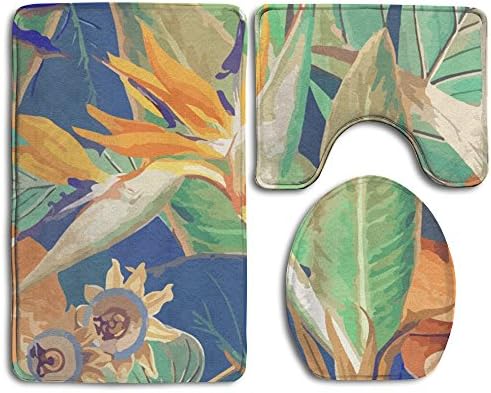 Bath Mat,3 Piece Bathroom Rug Set,Painting Style Flowers Flannel Non Slip Toilet Seat Cover Set,Large Contour Mat,Lid Cover For Men/Women