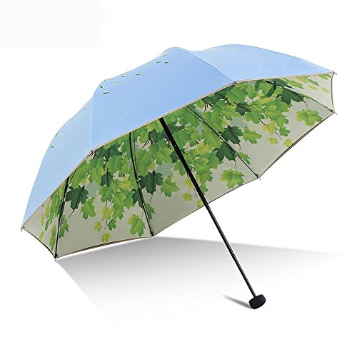 Green Leaf Tree Folding Travel Sun Umbrella Sunblock UV Protection UPF 50+ Rain Resistant Compact Size Parasol Fold into Purse (Blue)