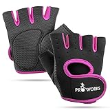 Proworks Women's Padded Grip Fingerless Gym Gloves for Weight Lifting, Cross Training, Exercise Bikes & More - Black with Pink Trim (Medium)