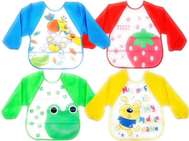 Kidease Travel Gear Multipack of 4 Unisex Waterproof Bibs with Long Sleeves and Reversible Food Catching Pocket for Infants and Toddlers 6-36 Months