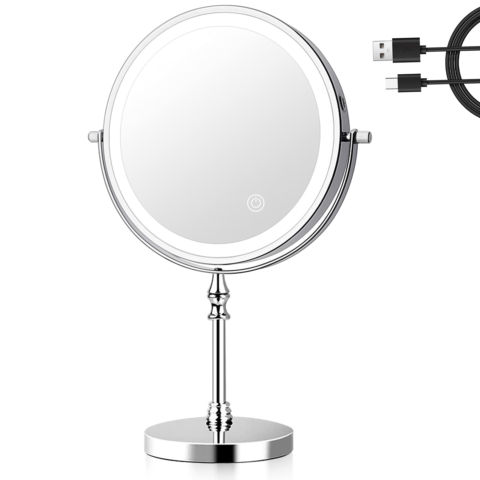 UUCOLOR 20X Makeup Mirror with Lights USB Rechargeable 8 Inch 3 Color Lights Two Sided Magnification LED Vanity Mirror Touch Control 360°Rotation Light up Mirror Chrome Finish