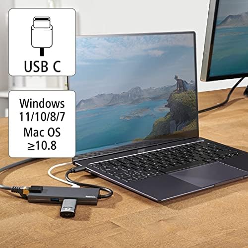 USB C Hub 5 Ports (Multiport Adapter 1x HDMI 4K Ultra HD, 1x LAN Gigabit Ethernet, 2X USB-A, 1x USB-C zur Übertragung von Daten und zum Laden mit PD, USB C Adapter 5in1 für Büro, Homeoffice) Alu