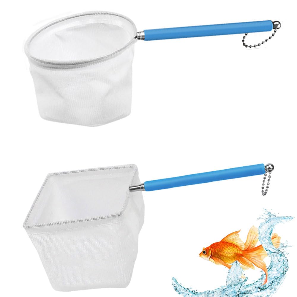 2 PCS Aquarium Shrimp Net Telescopic Fish Shrimp Skimming Net Round/Square Tiny Fishs Tank Nets with Extendable Stainless Steel Handle for Small Pond Fish Tank Aquarium