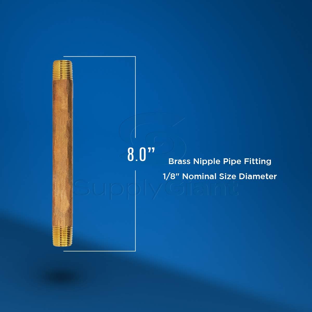 Supply Giant 8 inch Long Brass Nipple Pipe Fitting with 1/8" Nominal Diameter and NPT Ends