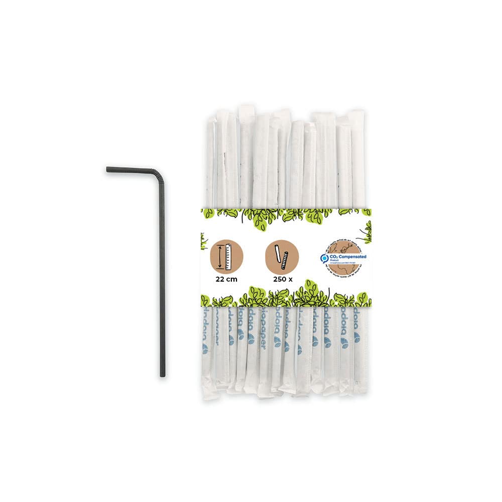BIOZOYG Paper Drinking Straws 22cm I Black Straw 5mm Ø I Drinking Straw Biodegradable I Party Drinking Straws for Cocktails Individually Packed I Paper Straws Flexible 250 Pieces