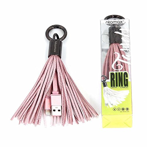 Lightning to USB Leather Tassel with 7-Inch 2.4 Amp Lightning ChargeSync Cable for iPhone, iPad, Nkomax Keychain Ring USB Cable (Pink)
