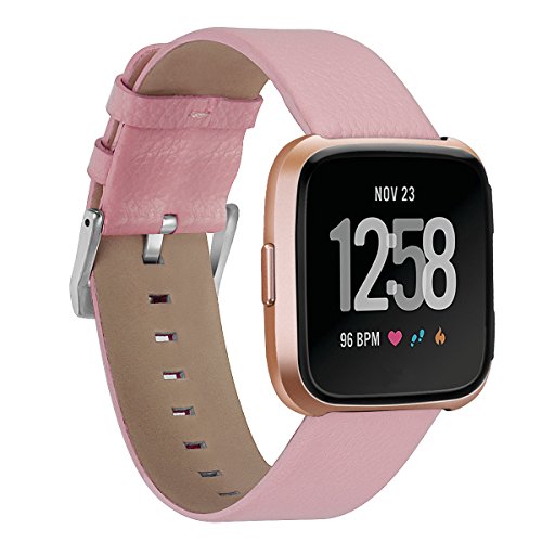 Aresh Compatible Fitbit Versa Bands Leather Fitbit Versa Genuine Leather Replacement Band with Silver Stainless Steel Buckle Accessory Wristband Strap Compatible Fitbit Versa SmartWatch (Pink)