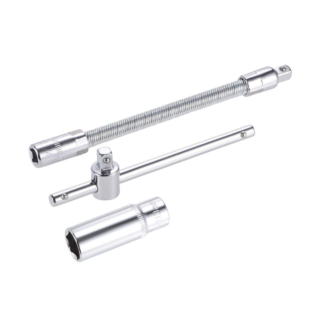 sourcing map Socket Accessory Set of 3 Pcs, 13mm 6-Point Deep Socket 4.5" Sliding Wrench Breaker Bar 6" Flexible Extension Bar with 1/4" Drive