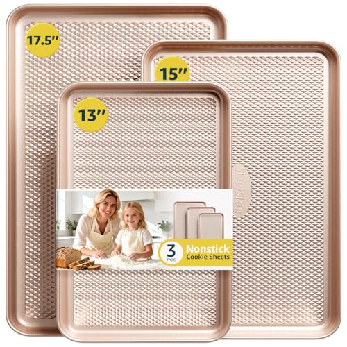 Slow Slog 3Pcs Baking Sheet Pan Set, Large Nonstick Cookie Sheets Set, Jelly Roll Pans, Heavy Duty Carbon Steel Cookies Sheet for Oven, Diamond Texture, Gold