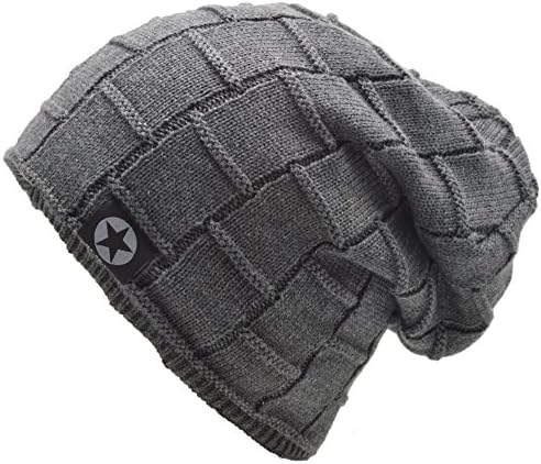 Men's Thick Fleece Lining Knit Hat Beanie Hat Baggy Slouchy Skull Cap Winter Warm Hat, 6 Colors (Grey)