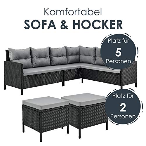 Juskys Polyrattan Lounge Manacor mit Ecksofa, Esstisch, 2 Hocker & Kissen - wetterfest bis 7 Personen - Bezüge waschbar - Rattan Garten Sitzgruppe Gartenlounge Gartenmöbel Set - Schwarz/Grau – Bild 4