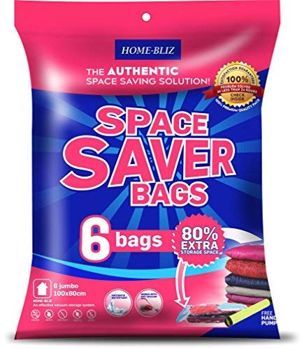 Home-Bliz Vacuum Storage Bags (6pack 100 x 80CM) Premium Reusable Space Saver Compression Sealer Bags* Jumbo Extra Large XL size for clothing bedding blankets!+ FREE Hand-Pump for Travel