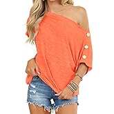 INFITTY Womens Off Shoulder Tops Casual Summer Loose Button Down Short Sleeve Shirt Tunic Blouse