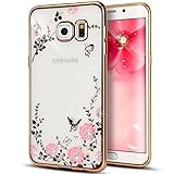 Samsung Galaxy C9 Pro Case, QKKE [Secret Garden] Butterfly Floral Flower Diamonds Shiny Frame Plating Bumper Soft TPU Case for Samsung Galaxy C9 Pro Case (Gold Pink)
