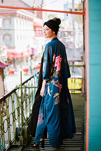 OLDSHANGHAI Women's Charmeuse Kimono Robe Long - Watercolor Floral - Peony & Bird - Celedon