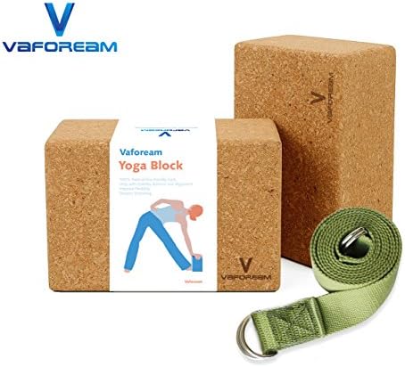 Cork Yoga Blocks 2 pack Plus 1 Yoga Strap ( Sturdy Natural No Smell Wood Yoga Blocks 9"x 6"x 4" 100% Made from Oak Cork and 8' Length Yoga Strap For Any Yoga or Fitness Routine by Vafoream)