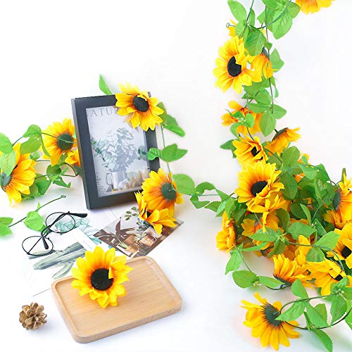 Johouse 4 PCS 7.4FT Artificial Sunflower Garland Silk Sunflower Vine Artificial Flowers with Green Leaves Wedding Table Decor