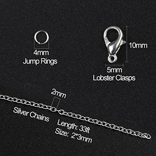 33 Feet Necklace Jewelry Chain with 50 Charms Pendants, 80 Jump Rings and 30 Lobster Clasps Stainless Steel Silver Plated Jewelry Chain for Bracelet Making Jewelry Repair